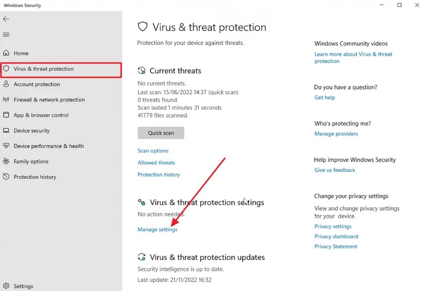 manage virus and threat settings