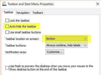 taskbar properties windows 10 missing