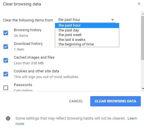 clear browing data on google