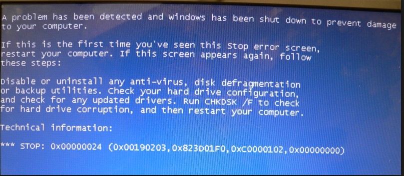 description of blue screen Error 0x00000024