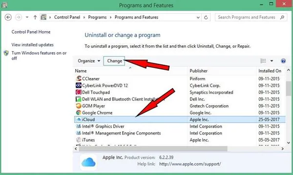 hapus instalan icloud untuk windows