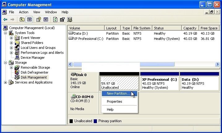 create windows xp boot partition step 3