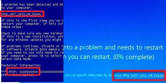 microsoft error code stop code irql not less or equal