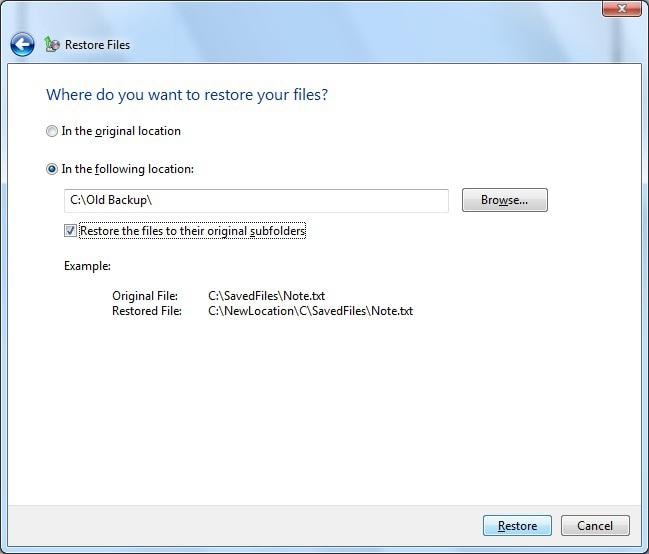 Restaurar archivos desde la copia de seguridad actual