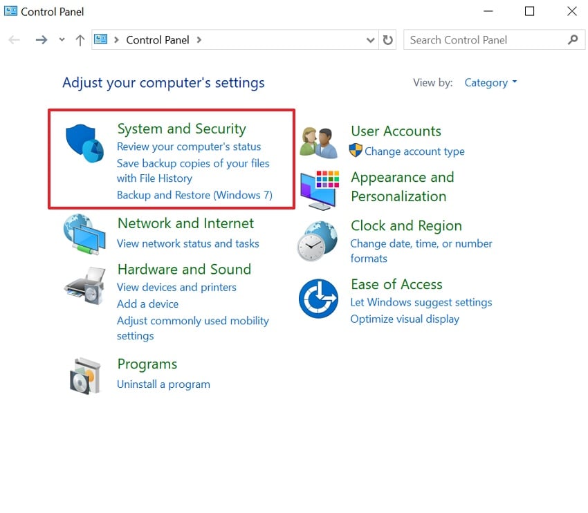 choose system and security option