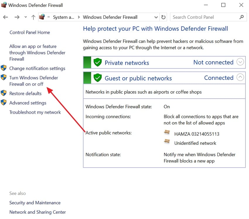 turn off windows defender firewall