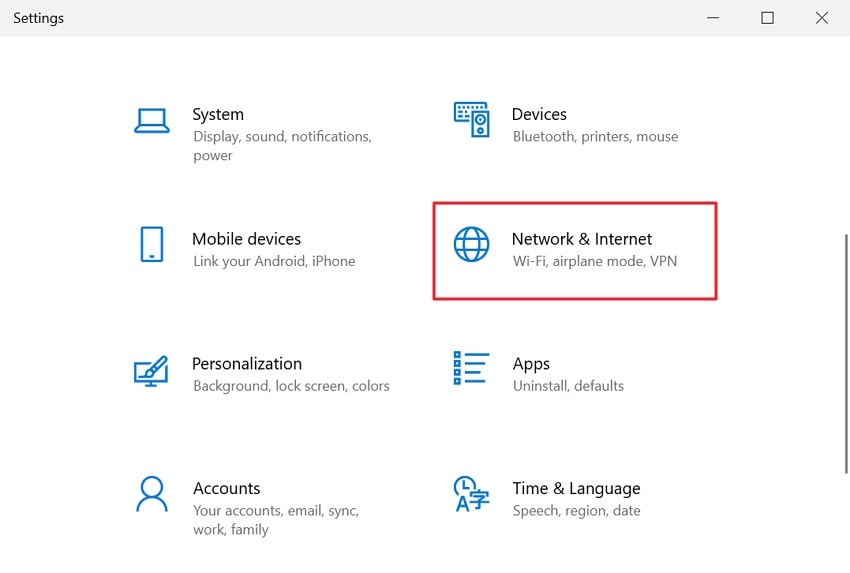 access network and internet in settings