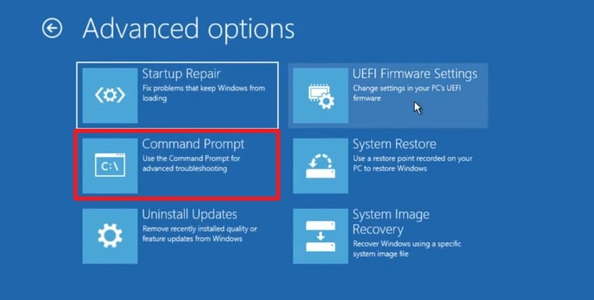 select the command prompt in recovery mode