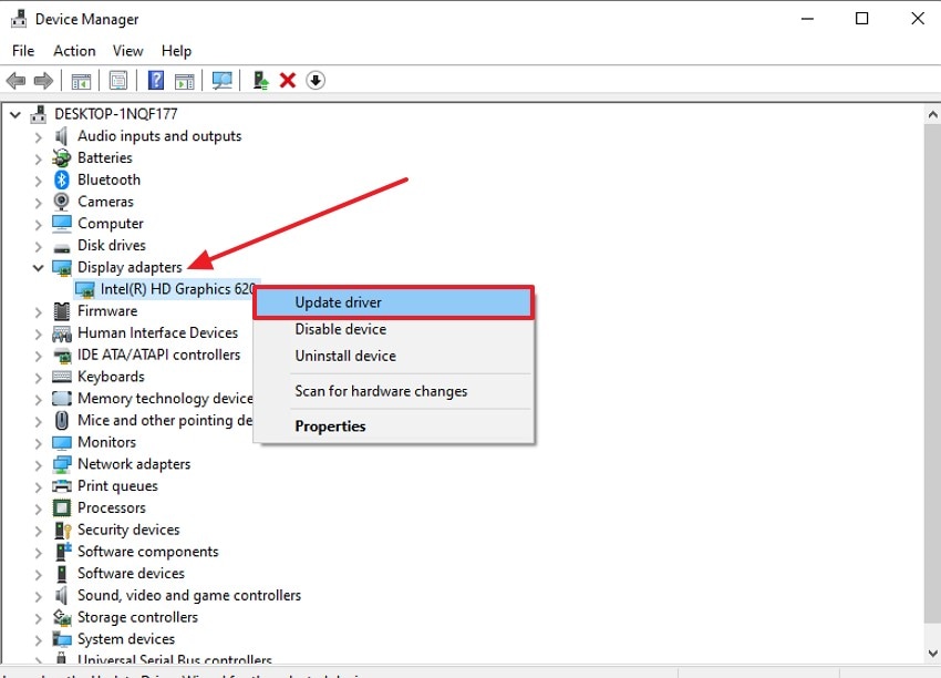 navigate and update display adapters drivers