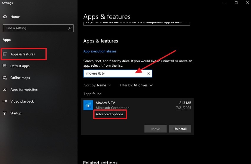 locate movies and tv advanced options