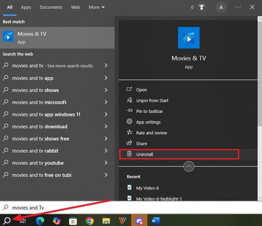 uninstall movies and tv software