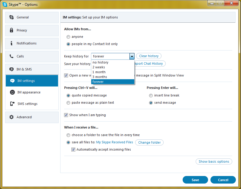 disable conversation history skype for business