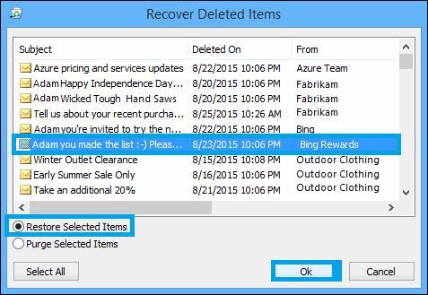 restore selected outlook items