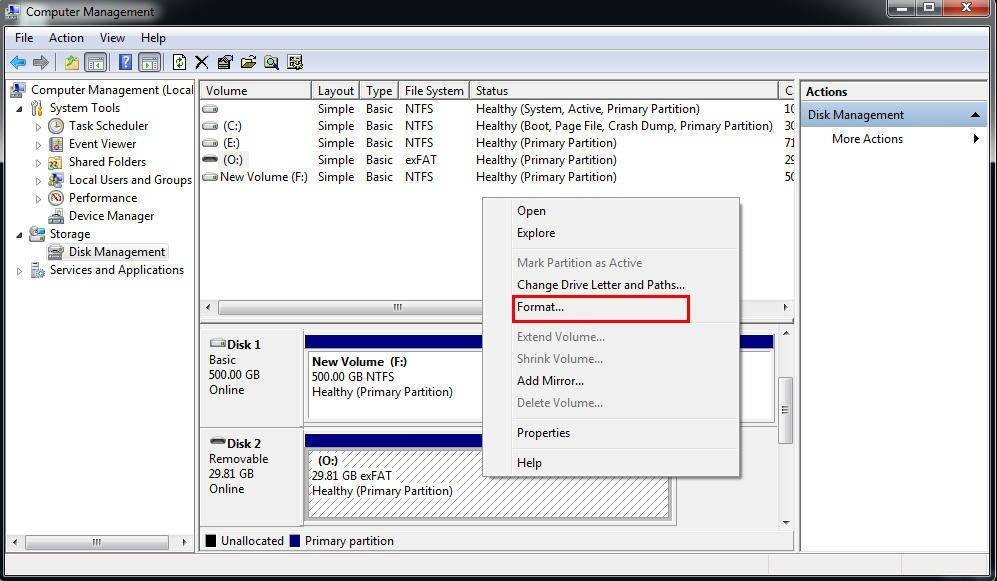 format sd card with windows disk management 1