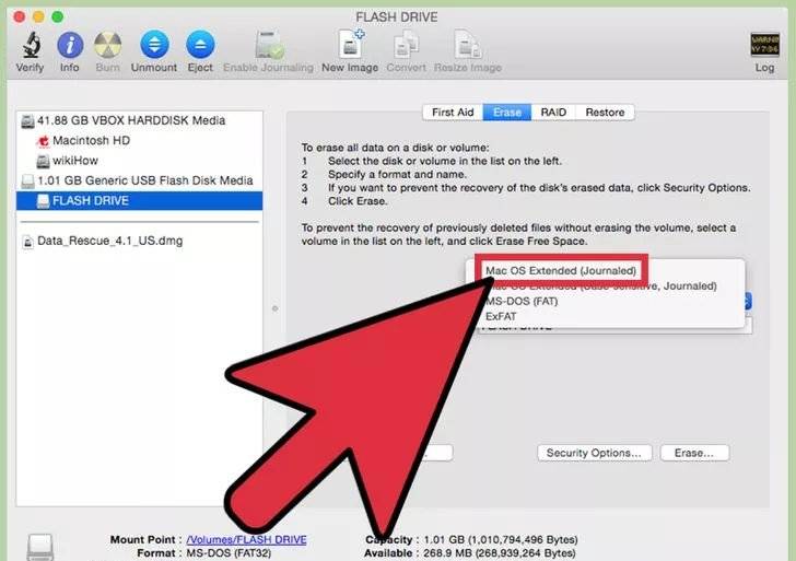 définition de l'option formater l'USB sur Mac