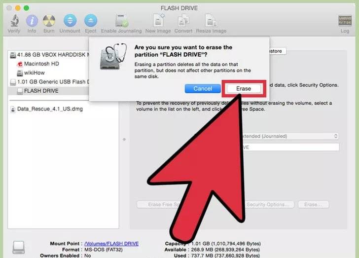 Re-confirma para formatear el USB en Mac