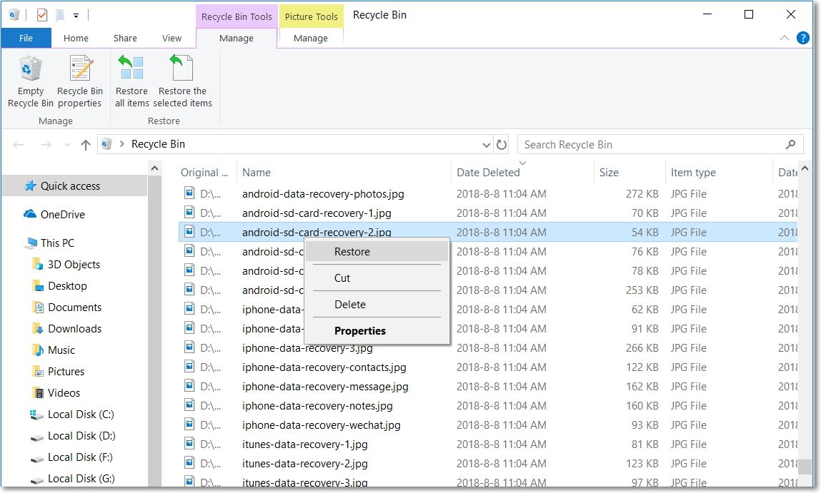 restore deleted photos from Recycle Bin