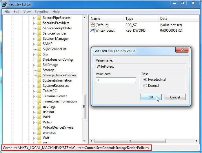 remove write protection from flash drive with Regedit.exe