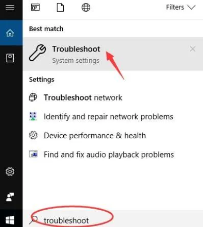 open built in troubleshooter in windows start menu