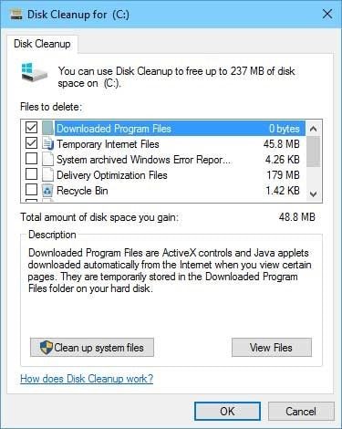 entfernen temporärer Dateien durch Festplattenbereinigung unter Windows