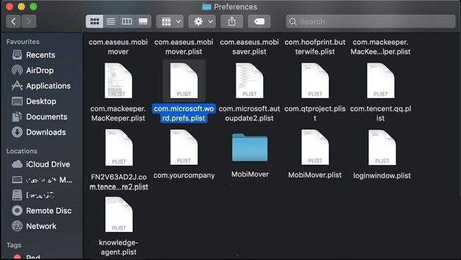 move the Word plist file to desktop