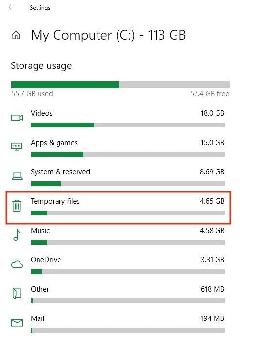 eliminar archivos temporales a través del Storage sense