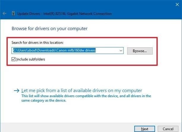 locate the inf file for driver update