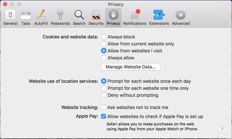 pestaña de privacidad para borrar las cookies en mac