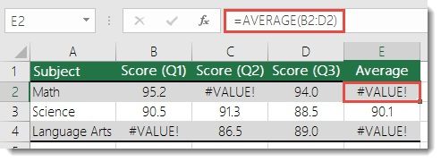 erreur de valeur excel