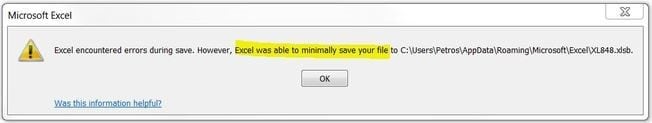 excel errors when save