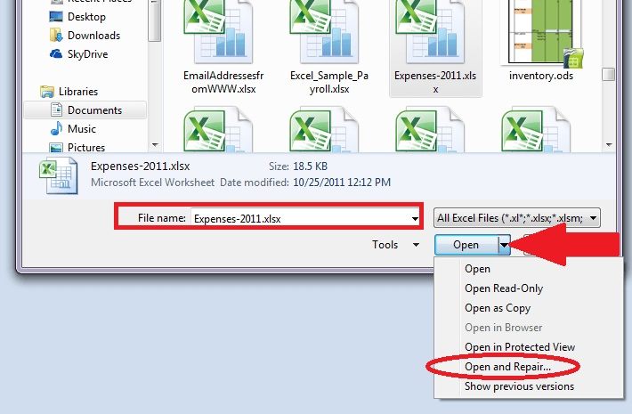 Öffnen und reparieren Excel 2013