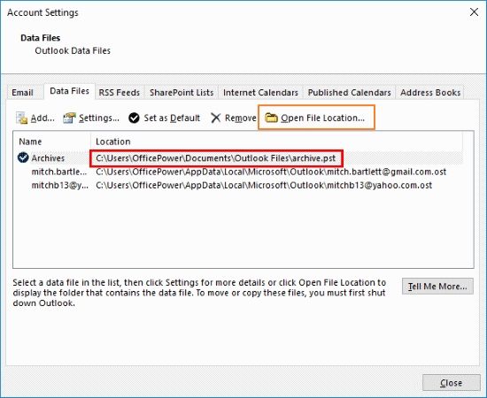 show outlook data file