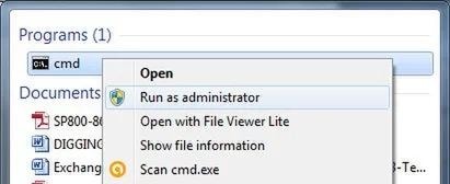 option showing cmd to run as administrator