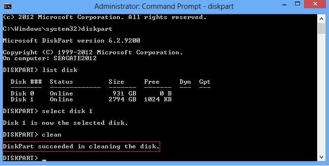 diskpart clean disk command