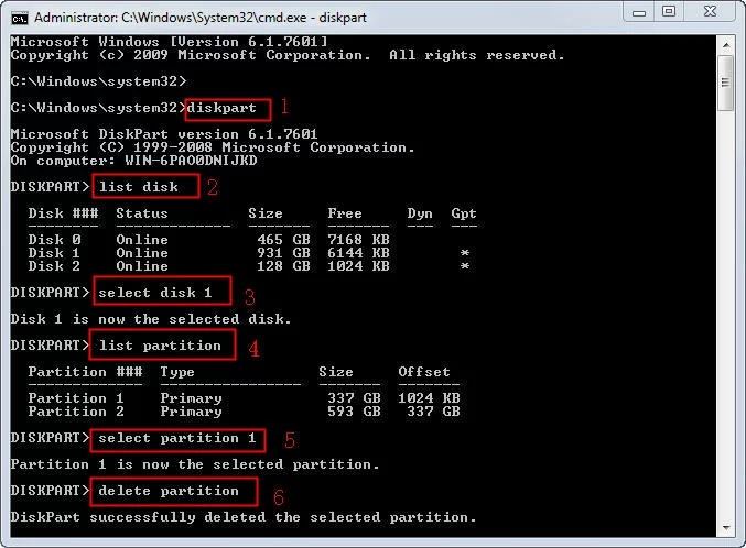 image showing all the commands required for partition deletion