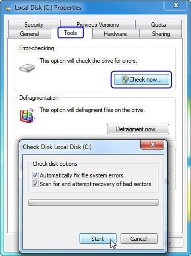 Using the check disk option