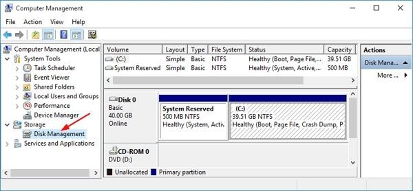 arrow pointing Disk Management