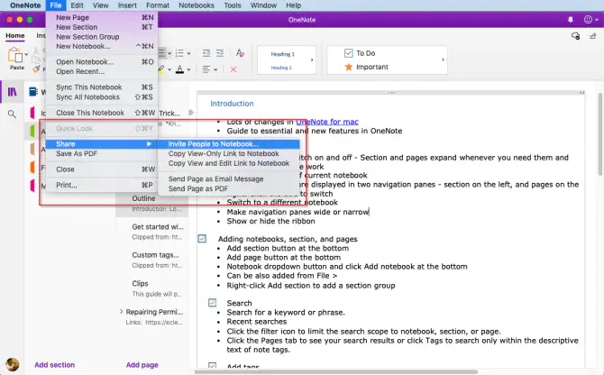 كيفية مشاركة دفتر ملاحظات onenote على نظام التشغيل mac