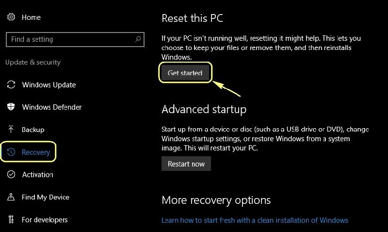 a page showing the option to reset the pc