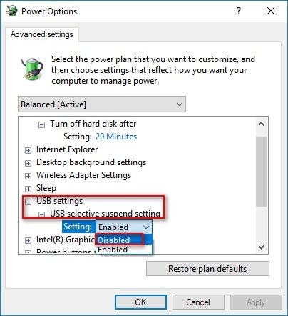USB selective suspend setting disabled