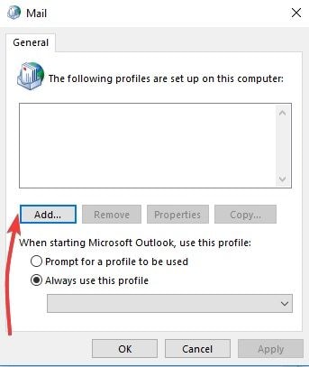 crea un nuovo profilo di Outlook