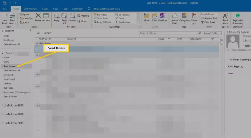 vá para os itens enviados do Outlook