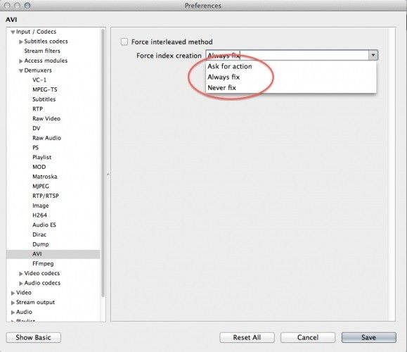 why is vlc media player fixing avi index