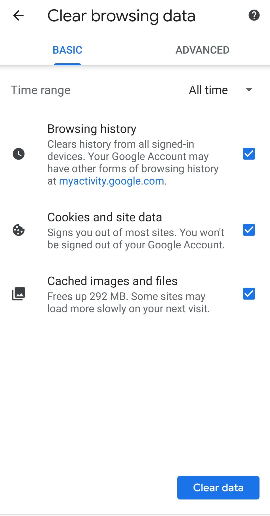 clear browsing history android