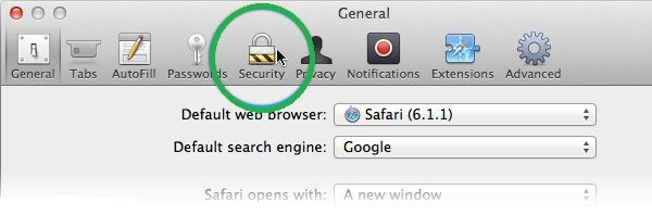 Registerkarte "Sicherheit" in Safari