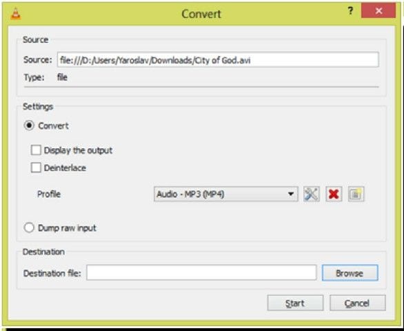 avviare la conversione del file in VLC