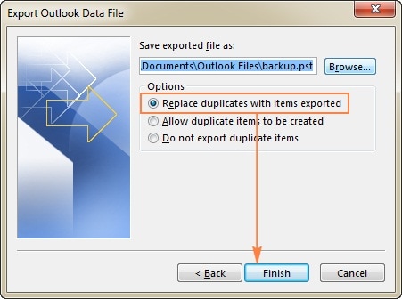 finish the outlook backup process