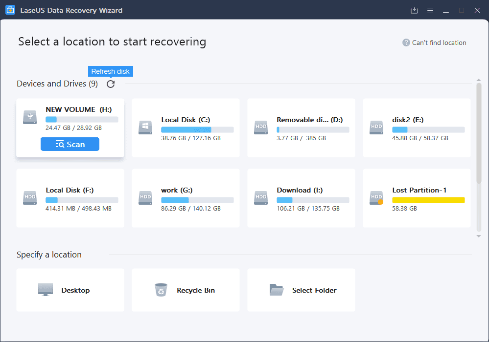 l'interface principale de l'assistant de récupération de données d'easus