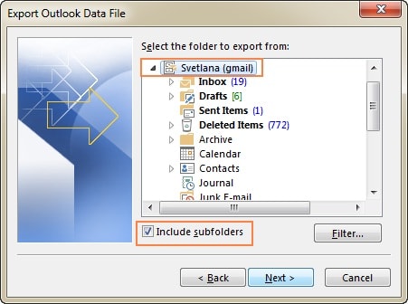 select the outlook file folder to backup
