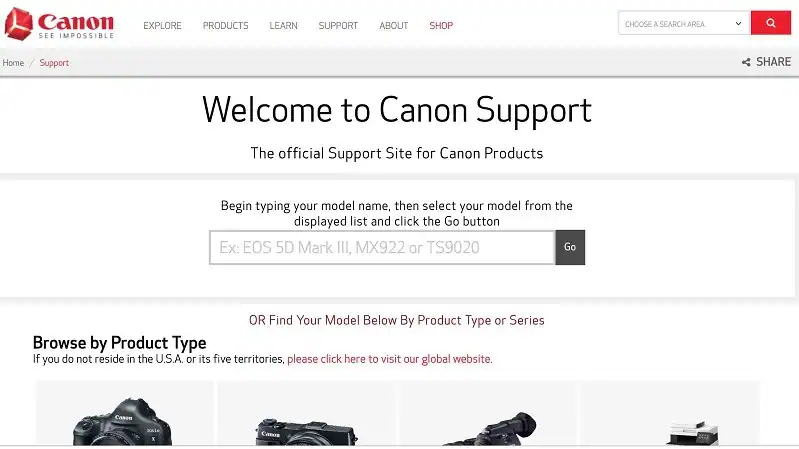 canon support page